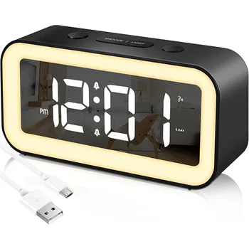 Digital alarm clock, отразени Електронни led часовник с регулируема яркост, будилник с функция за повторение на 12/24 часа за спални (черен) Изображение