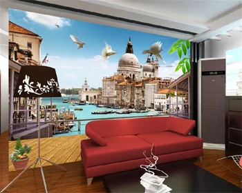 Потребителски тапети европейското 3D стереоокно градския пейзаж, хол с телевизор, разтегателен фонова стена декорация на дома, стенопис от папие-маше Изображение