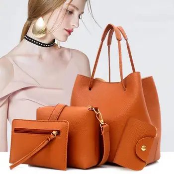 4 бр. дамски модни однотонная чанта от мека изкуствена кожа на рамото, чанта, дамска чанта за отдих, портфейл, набор, голяма чанта голям-тоут Изображение