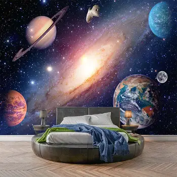 Модерна проста земята, планетата, вселената, звездното небе, самостоятелен хол, спалня, самозалепващи се тапети, стенопис Изображение