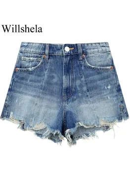 Willshela/ Дамски модни сини дънкови поли с ожулвания с цип отпред, шорти, реколта дамски къси панталони с висока талия, шикозни дамски къси панталони Изображение