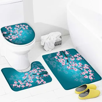 Комплект постелки за баня Sakura, Розово-червени цветя, Листа от растения, нескользящий подложка за баня, килим пътека, калъф за седалката на тоалетната чиния, Комплект декор за баня Изображение