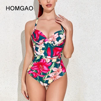 Дамски цял бански костюми HOMGAO с флорални принтом, секси бански с контрол на корема, боди за отслабване, бански-монокини с V-образно деколте Изображение