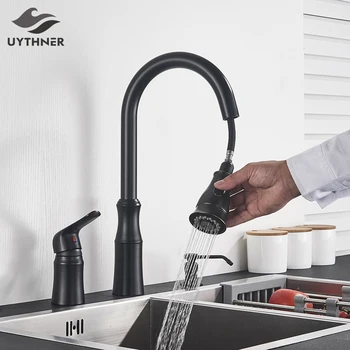 Uythner Черен Месинг с кухненски смесител Разтегателен Гъвкава батерия за мивка Кранове за топла и студена вода Кран за пестене на вода смесители за баня Изображение