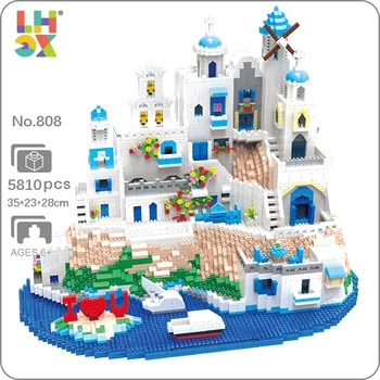 LHCX 808 World Architecture Егейско море, остров Санторини, Кораб, 3D мини Диамантени блокове, тухли, строителна играчка за Деца, подарък Без кутия Изображение
