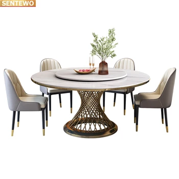 Дизайнерска луксозна кръгла трапезария с мраморна печка и маса за хранене с 8 стола, мебели mesa de comedor, Неръждаема стомана, златно основа Изображение