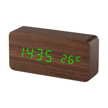Креативен интелигентен led дървена електронен будилник, светлинен без звук, температура будилник с двоен дисплей, USB-дървени часовници Изображение