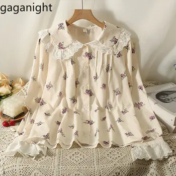 Дамски лейси риза с флорална принтом за френска кукла Gaganight 2023, пролет-лято, нови дамски блузи с приятен темперамент и дълги ръкави Изображение