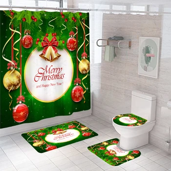 Коледна украса, комплект за баня, душ завеса за душ, непромокаеми подложки Дядо Коледа, мини подложки, капака на тоалетната чиния, завеси за баня с куки Изображение