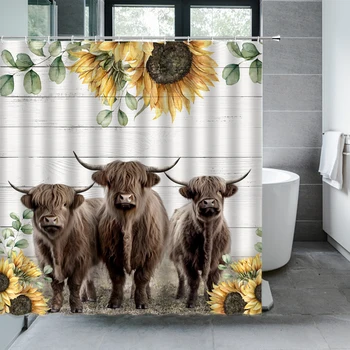Завеса за душ с планински добитъка Миещи Бизоны Плат със скандинавски Декор, баня, Параван за баня с куки полиестер Изображение