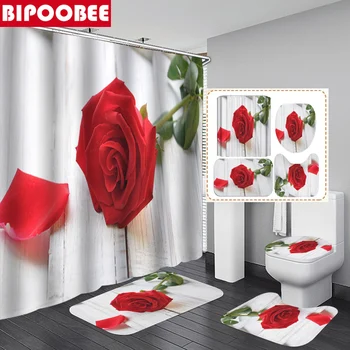 Комплект завеси за душ с червени рози, 3D постелки за баня, постелки от бяло дърво, завеси за баня, противоскользящий мек килим, украса за Св. Валентин Изображение