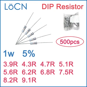 500шт 5% 1 W Въглероден филмът резистор DIP 3.9 R 4.3 R R 4.7 5.1 5.6 R R 6.2 R 6.8 R 7.5 R 8.2 R 9.1 R Ω Цветно пръстен Изображение