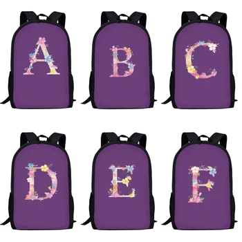 Лилава училищна чанта с букви и цвете, детска раница с голям капацитет за начално училище, чанта за книги, ежедневни чанти през рамо Изображение