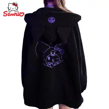 Скъпи палта за момичета Sanrio Kuromi, есен-зима, плюшено пуловер с бродерия, памучен hoody с качулка, плюшевое палта за момичета, подарък Изображение