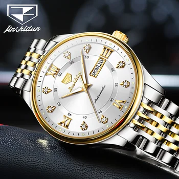 Луксозни мъжки автоматично механични часовници JSDUN, водоустойчив часовник с дата, каишка от неръждаема стомана, сапфирен пръстен с огледало Reloj Hombre Изображение