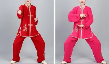 Унисекс, бамбук облекло за бойни изкуства с бродерии, облекла за тайцзицюань, костюми за тай-чи кунг-фу, униформи ушу, син/червен/розов Изображение