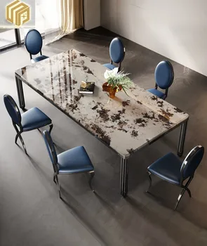 Лесно е луксозно съчетание на мраморно бюрото и стола в минималистичен стил, проста правоъгълна маса от висок клас, италианска вила фу Изображение