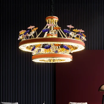 Луксозна led полилей K9 Crystal за дневна, вестибюл вили, голям висящ лампа в постмодерния стил, Нови полилеи в кожен стил за дома Изображение