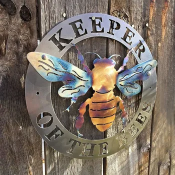 Многоцветни пчелите-пазачи, монтиран на стената украшение във вътрешния двор, пазител на изкуството на пчелите, креативна метална градинска статуя, декорация за дома, хол Изображение