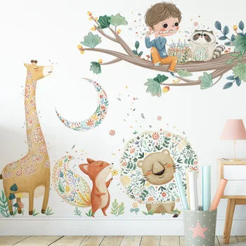 Сладки мультяшные етикети с участието на Жираф, Лъв, лисици, декоративна стикер, Голямо дърво, аксесоари за дома, детска стая, стикери за стена в детската градина Изображение