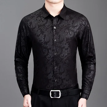 Жакард изискани ризи за мъже с дълъг ръкав, ежедневни, копринена, есенни, меки, Удобни, Лесно обслужване, луксозна риза Homme Изображение