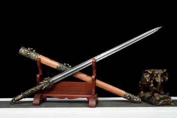 Острието на меча ушу ръчно изработени с прав нож, метална дръжка във формата на дракон, сабя от марганцевой стомана и дърво Изображение