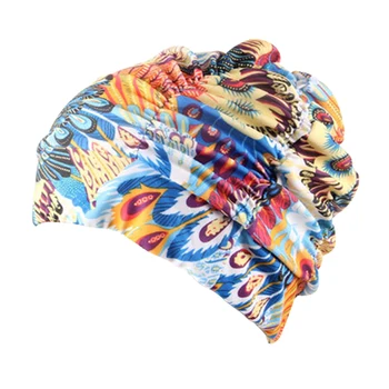 Дамски плавательная шапчица с дълги коси, плиссированная шапка за плуване, найлон модни еластичната шапка за басейна с флорални принтом, Плаж за възрастни Изображение