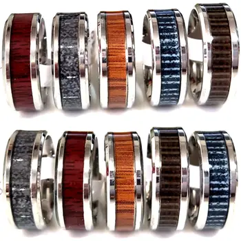 Нови 36 бр. модни мъжки пръстени от неръждаема стомана, 8 мм, комбинация от стилове, дървена инкрустация, годежен пръстен, на Едро, в случай празника на бижута Изображение