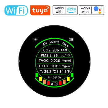 Sasha Wifi 7в1 Измерител на качеството на въздуха ФПЧ2.5 CO2 TVOC HCHO AQI Тестер температура и Влажност на въздуха Цветен Дисплей Детектор за Въглероден диоксид Изображение