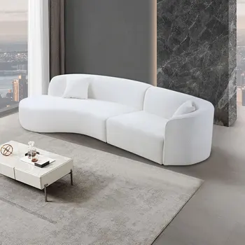 Луксозен Заоблен диван с кушеткой в модерен интериор за хол, Комплект от 2 теми, Секционни Диван с дясната си ръка, Букле, Бял Изображение