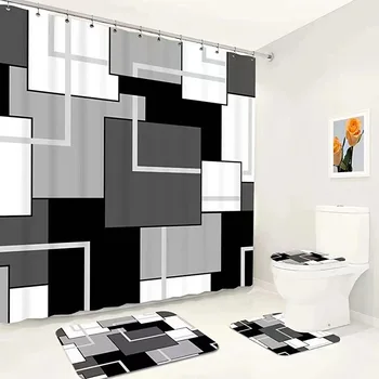 Геометрична черно-бял полиестерен водоустойчива душ Завеса за душ, фланелевый противоскользящий подложка за баня, душ завеса за душа в скандинавски стил Изображение