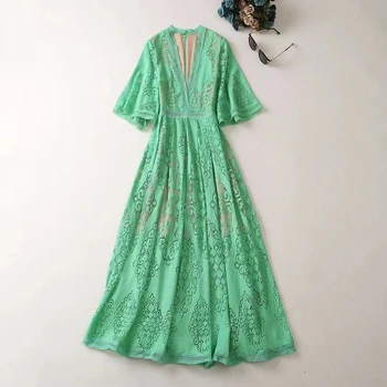 Европейската и американската дамски дрехи 2023, лятно ново, модерно Зелено плиссированное рокля с v-образно деколте и ръкав в пет точки, XXL Изображение