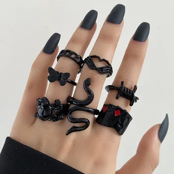 Набор от старите готически метални пръстени за жени и Момичета, Геометрично ретро Пръстен с няколко стави, Индивидуално пръстен със Змия, модни бижута Изображение