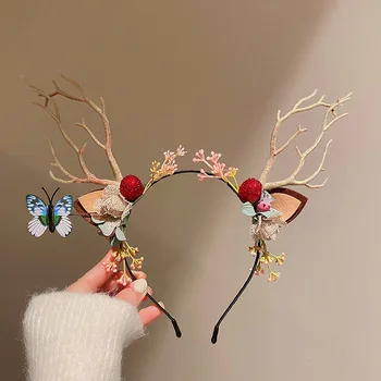 KAITIN Коледни ленти за коса, за жени, декорация във формата на рог на елен, панделки за коса, Модни бижута Fairycore, цвете, пеперуда, шапки за момичета Изображение