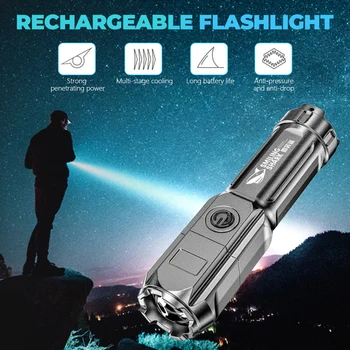Фенерче със силна светлина T6 LED USB, акумулаторна батерия тактически фенер, водоустойчив прожектор, вградена батерия с капацитет 1200 mah за къмпинг, лов Изображение