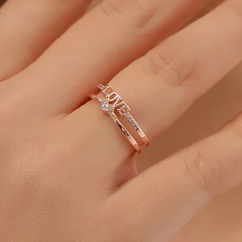 Модерен пръстен с надпис за жени е Модерен планински кристал, двуслойни пръстен с надпис LOVE, Регулируеми пръстени, Подарък за приятелки, Бижута 2023 Изображение