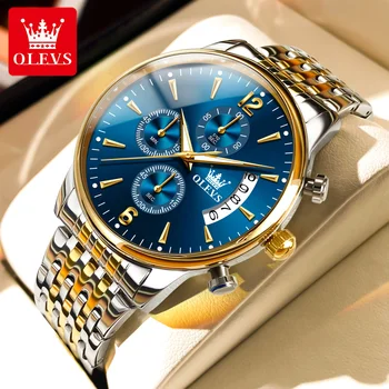 OLEVS Мъжки часовник, кварцов механизъм, висок клас марка, водоустойчив ръчен часовник луксозни от неръждаема стомана, светлинен дисплей, дата, хронограф, мъжки часовник Изображение