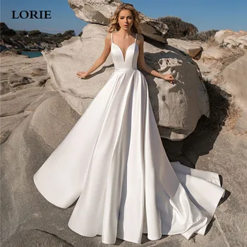 Сатен сватбени рокли LORIE трапецовидна форма на обикновените спагети презрамки, елегантен булката рокля, сватбени рокли за партита 2023 Изображение