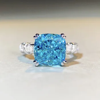 Женски пръстен Sugar Cube с высокоуглеродистым диамантен пръстен, сребро S925, луксозна Индивидуалност, просто ръчно изработени украшения, бижута с аквамарином Изображение
