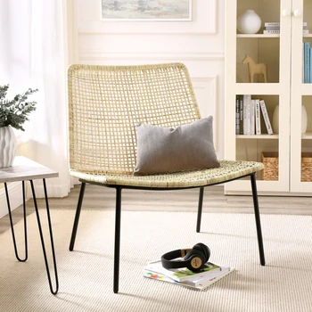 Оплетка стол от естествен ратан за почивка в помещението, стоманена рамка с полирани черен цвят (27,5 