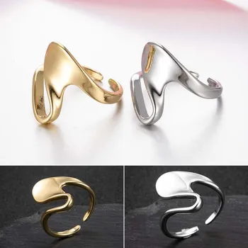 Shuangshuo Уникални модни халки на пръста си с нередовни вълна, модни прости геометрични орнаменти ръчно изработени за мъже и жени, подарък за приятелство Изображение