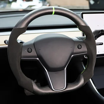 В момента е замразена на волана, изработени от въглеродни влакна с велур в спортен стил и високо качество за Tesla Model Y Model 3 2018 2019 2020 2021 Изображение