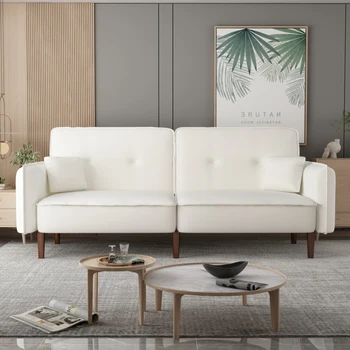 Разтегателен диван-futon за дневна прическа от масивно дърво и два джоба от бял плат Изображение
