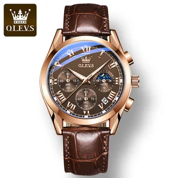 OLEVS 2871 кварцов водоустойчив мъжки часовник с модерен каишка от естествена кожа Многофункционални Изискан мъжки часовник с светящимся Изображение