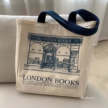 Дамски Холщовая чанта през рамо с принтом Лондон книги, дамски ежедневни чанти-тоут, Множество памучен плажната чанта за пазаруване с голям капацитет Изображение