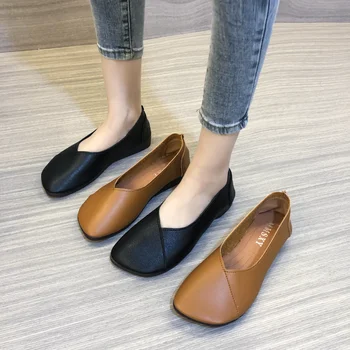 Модни нескользящая обувки на нисък ток, дамски лятна и есенна ежедневни кожени обувки на плоска подметка с квадратни пръсти, проста обувки с малките си пръсти Изображение