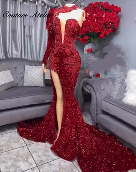 Червени рокли с пайети за бала за елегантна парти С дълъг ръкав и едно рамо Сватбени и вечерни рокли на Русалка с намаляване на рожден ден в африканския стил Изображение