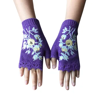 Crochet ръкавици без пръсти с бродерии от ръчно изработени ръкавици без пръсти, ръкавици с един пръст на половината от палеца, дамски топли зимни стилни аксесоари Изображение