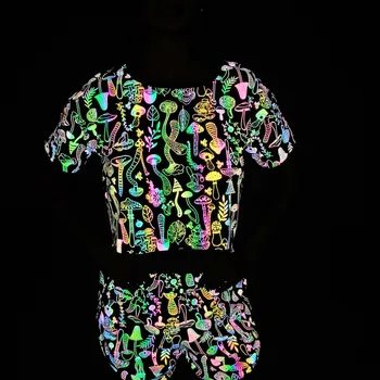 2022, Светоотражающая цвят Тениска Гъби Дъгата с Къс Ръкав, Дамски Модерен Нощен Светоотражающая Секси Укороченная на Горно Облекло Изображение
