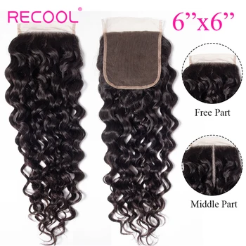 Recool Hair 6x6 Лейси закопчалката Бразилският вълна вода, Предварително выщипанная Свободна Средната част, 6x6 Конфедерация лейси закопчалката от човешка коса Изображение